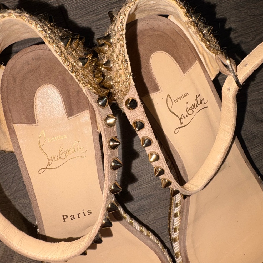 Louboutin Studded Suede Ankle-Strap gold/white/nude red bottoms❤️❤️‍🔥 - Picture 3 of 5